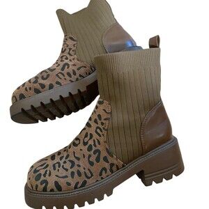 Corkys Womens Leopard Print Sock Ankle Boots Brown Pull On Lug Sole
